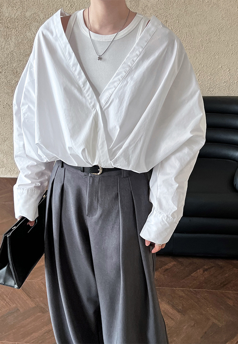 Spring off-shoulder shirt with knitted vest fake two-piece top CA25032702BK