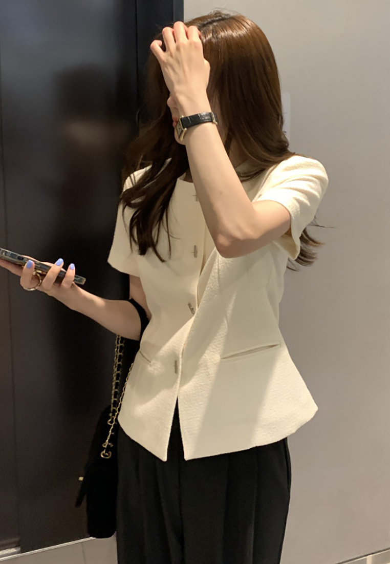 New summer retro French Chanel style tweed short-sleeved top CA25042902BK