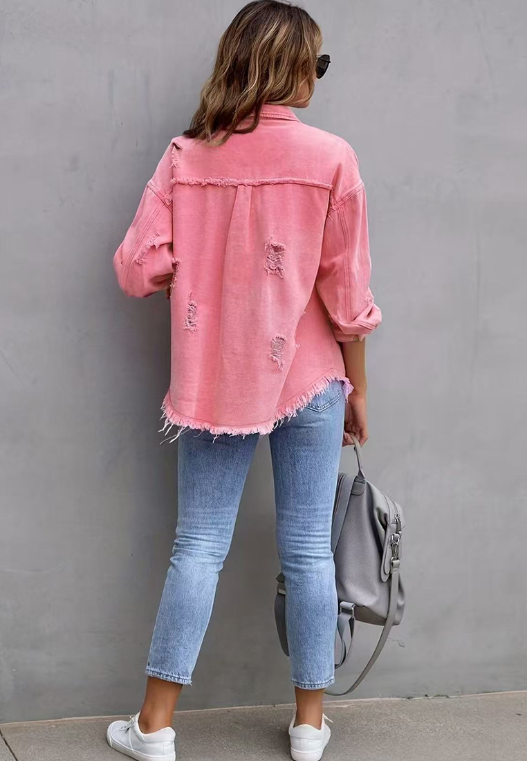 Euro-American Style Autumn/Winter Distressed Denim Jacket with Raw Hem CA25091502