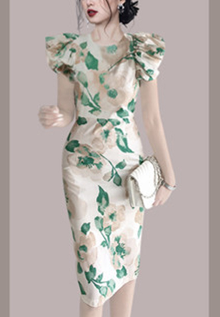 New Classic Style Floral Sleeveless Wrap French pencil mini Dress