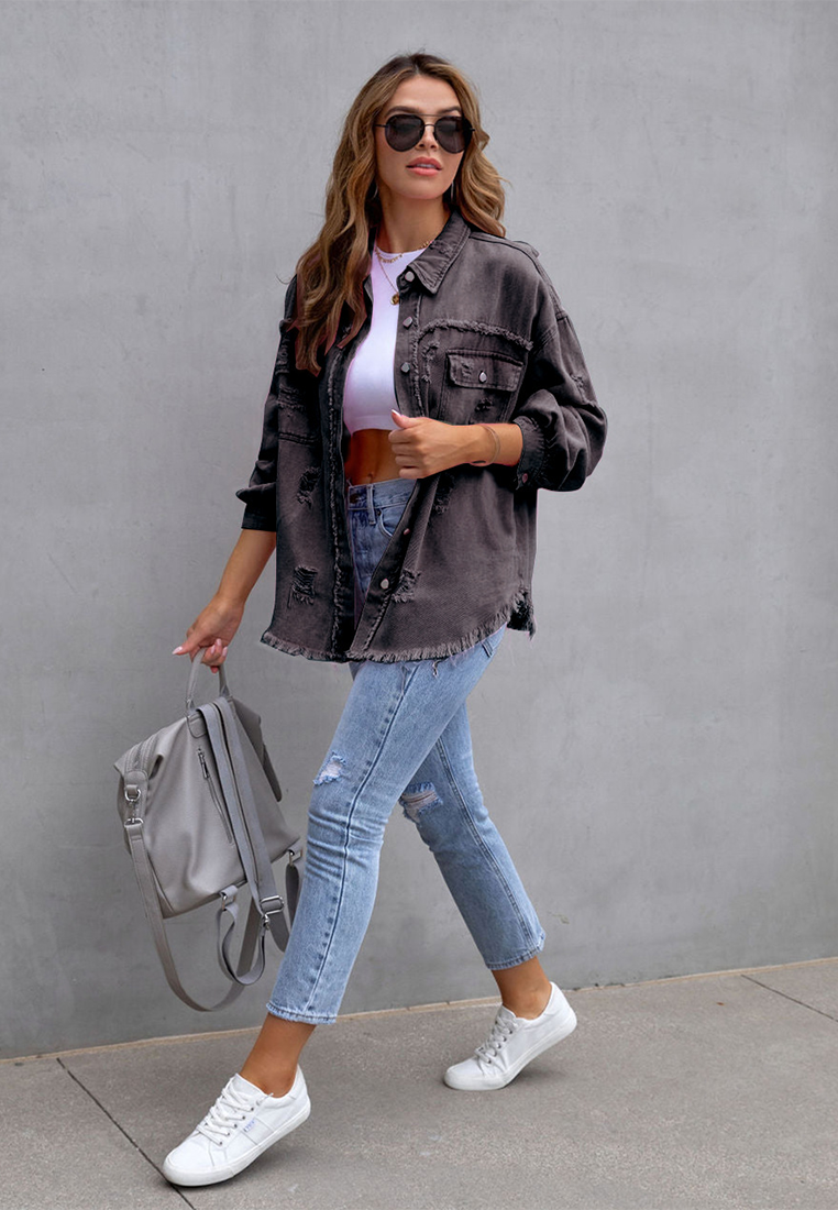 Euro-American Style Autumn/Winter Distressed Denim Jacket with Raw Hem CA25091502