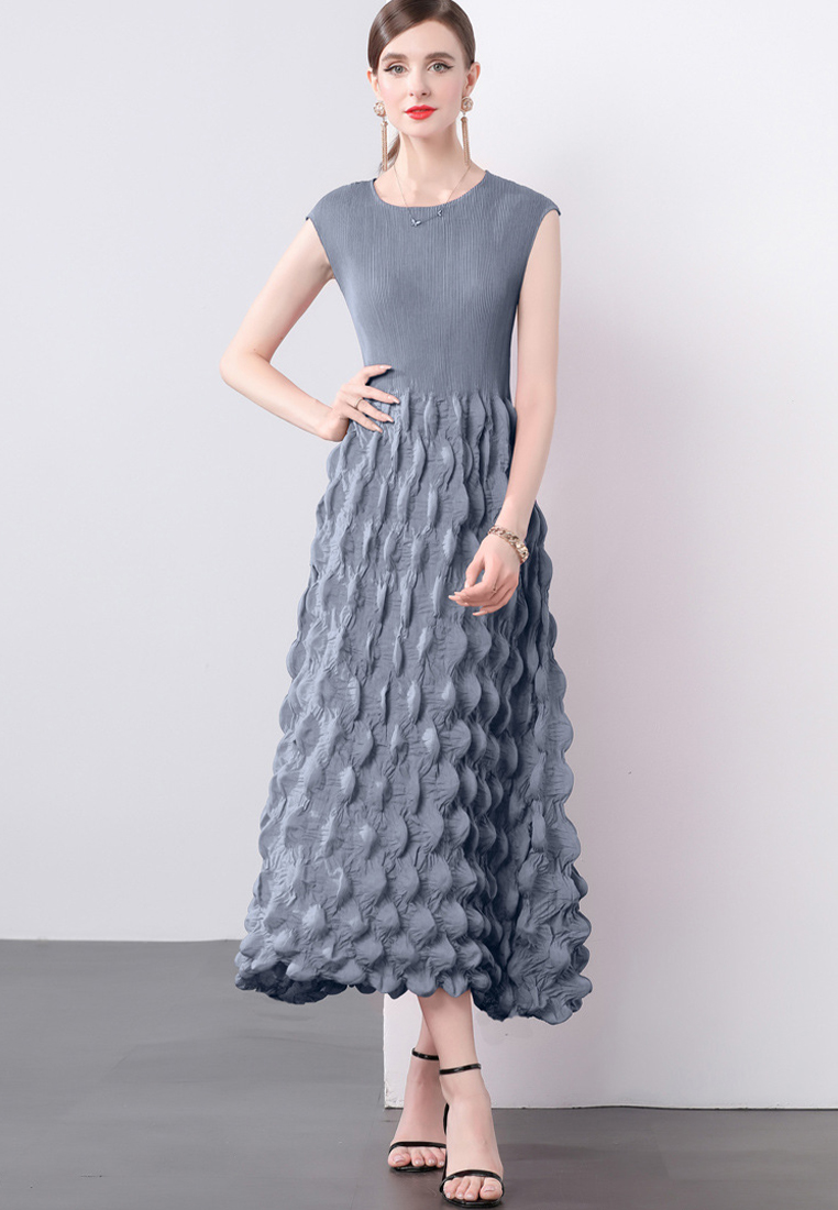 Handmade pleated shoulder wrapped bubble dress CA241128102GR