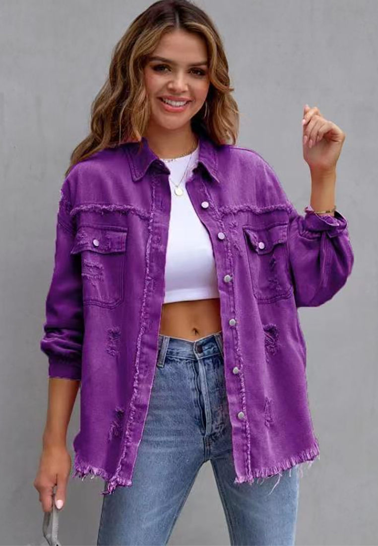 Euro-American Style Autumn/Winter Distressed Denim Jacket with Raw Hem CA25091502