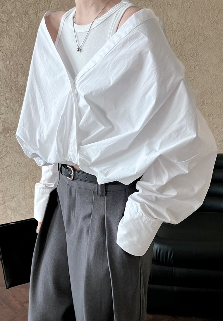 Spring off-shoulder shirt with knitted vest fake two-piece top CA25032702BK