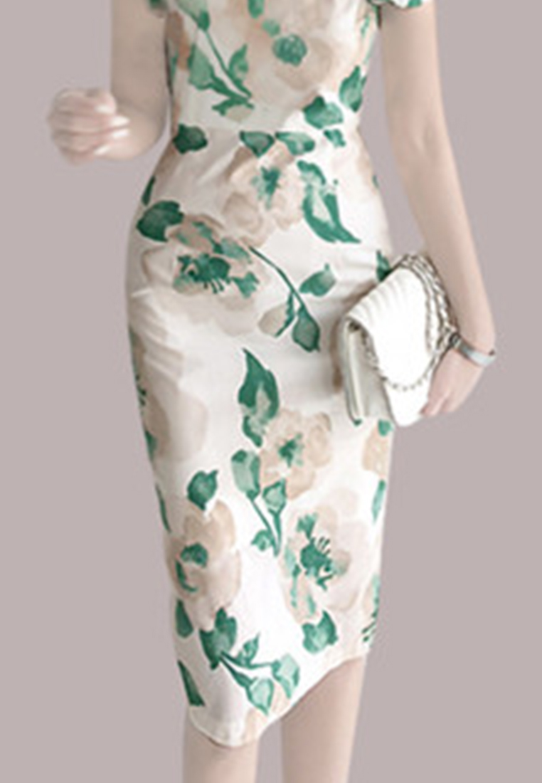 New Classic Style Floral Sleeveless Wrap French pencil mini Dress