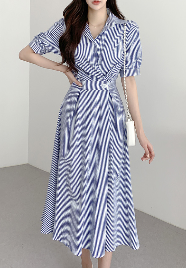 Summer style bubble sleeve striped dress CA25031902BK