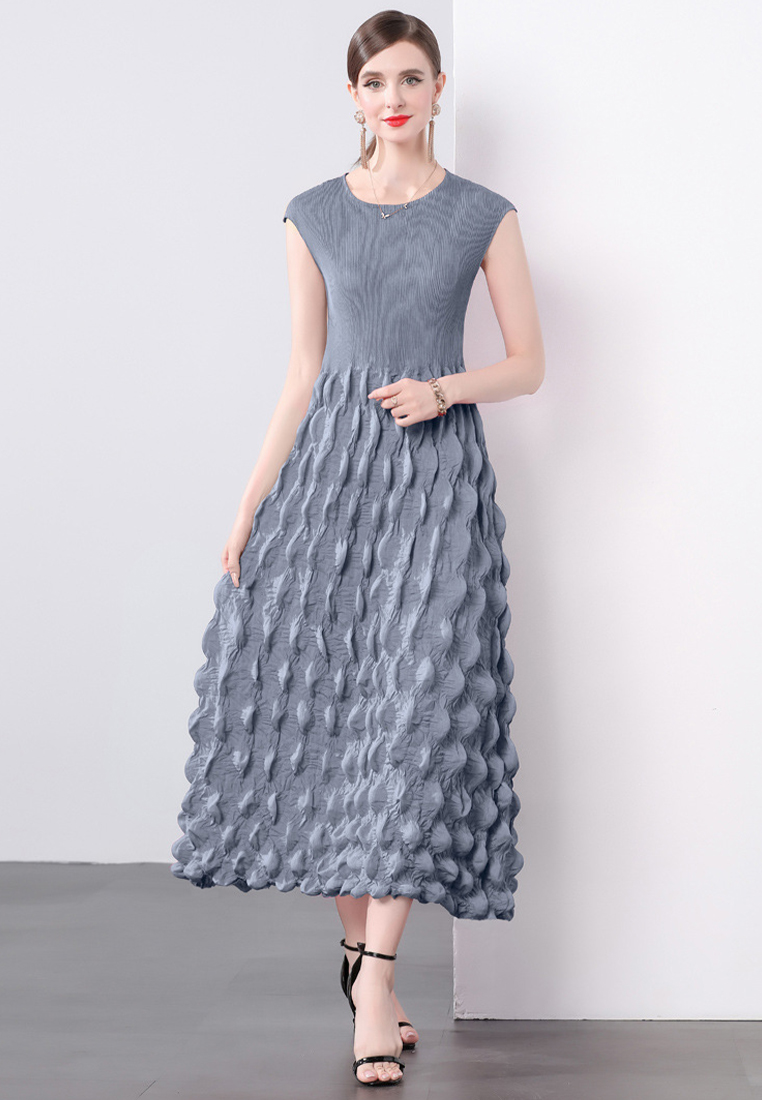 Handmade pleated shoulder wrapped bubble dress CA241128102GR