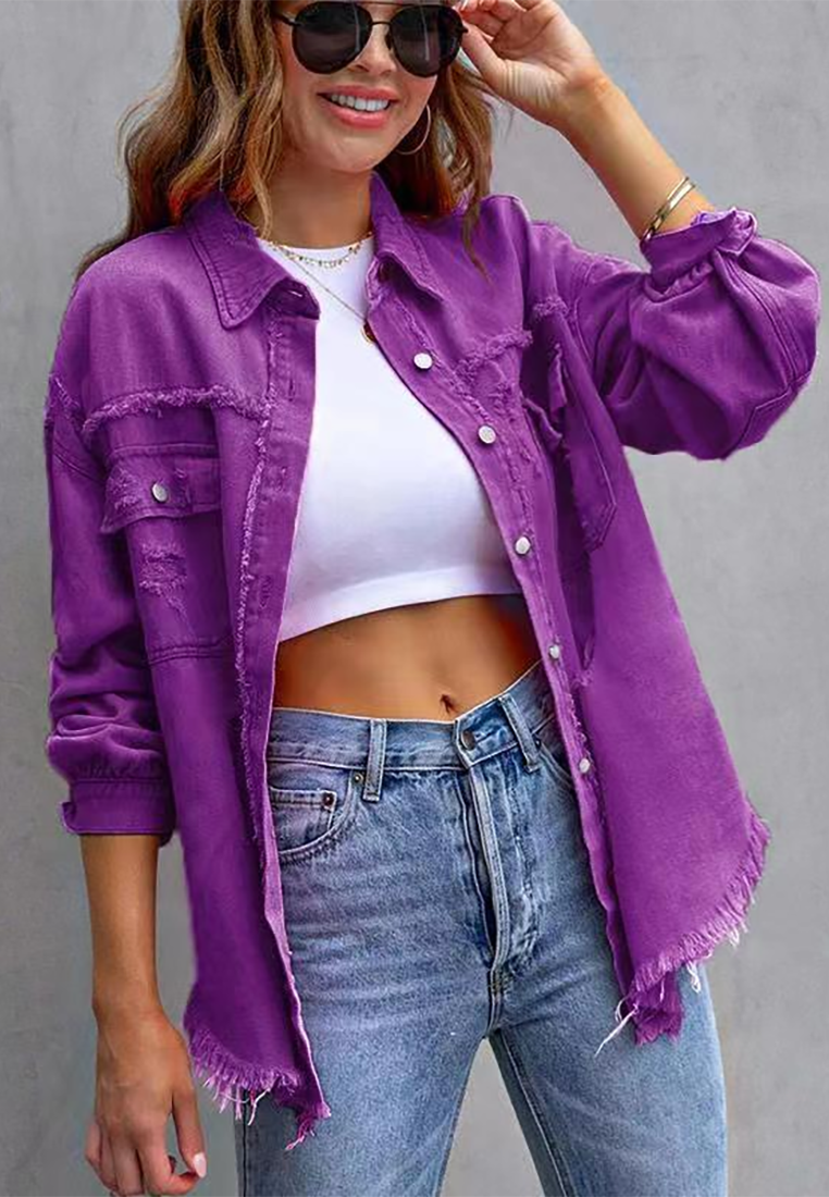 Euro-American Style Autumn/Winter Distressed Denim Jacket with Raw Hem CA25091502