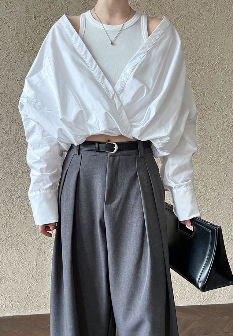 Spring off-shoulder shirt with knitted vest fake two-piece top CA25032702BK