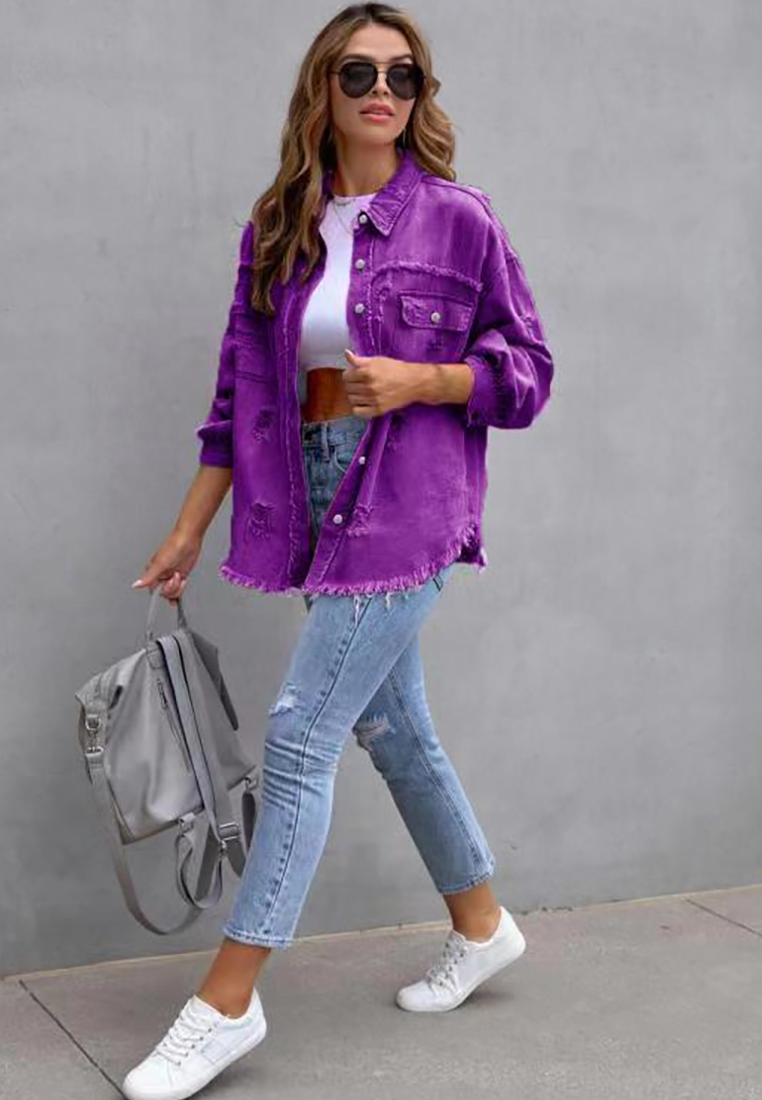 Euro-American Style Autumn/Winter Distressed Denim Jacket with Raw Hem CA25091502