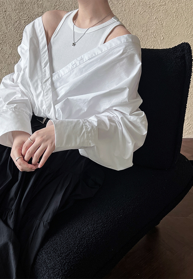 Spring off-shoulder shirt with knitted vest fake two-piece top CA25032702BK