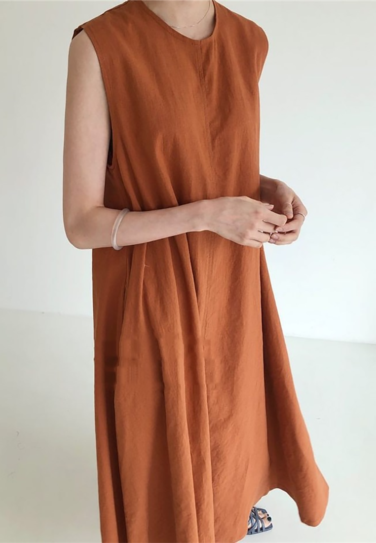 Korean chic cotton and linen loose sleeveless A-line vest dress CA25070931BW