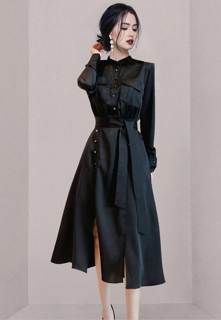 2024 new fashionable temperament single breasted black dress CA24073120BK