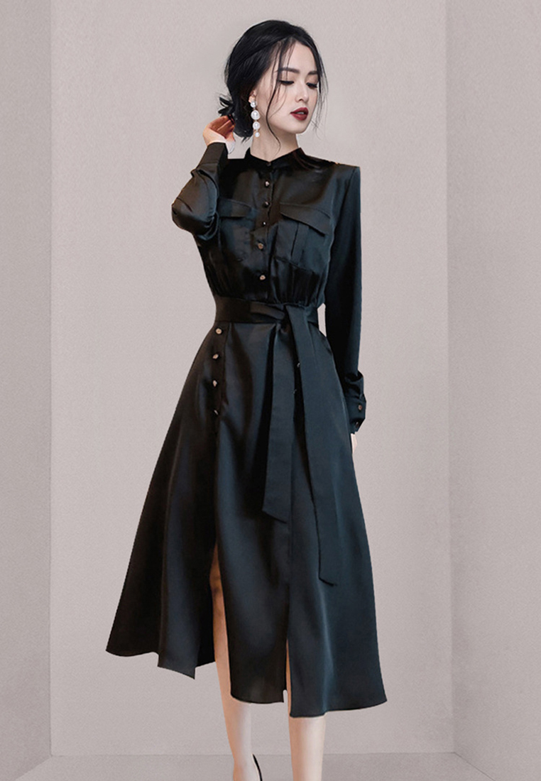 2024 new fashionable temperament single breasted black dress CA24073120BK