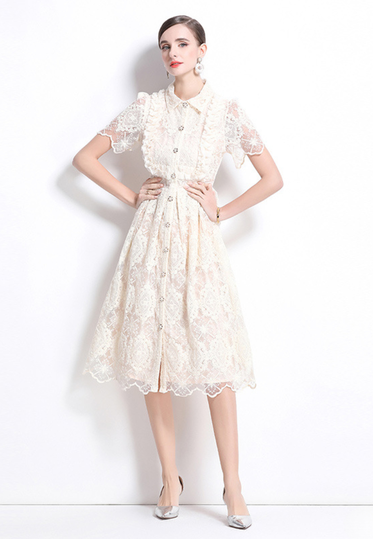Elegant Ivory Lace Midi Shirt Dress with Peter Pan Collar and Pearl Buttons K26061503