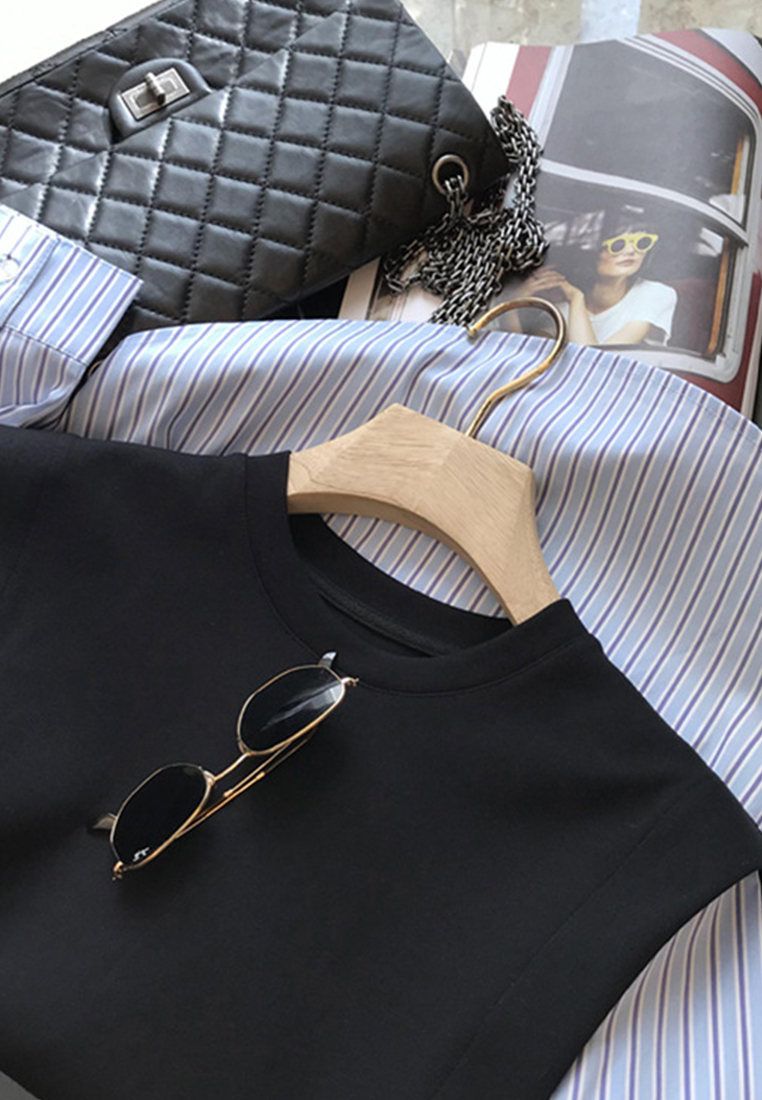 Patchwork striped crewneck loose casual shirt CA110220