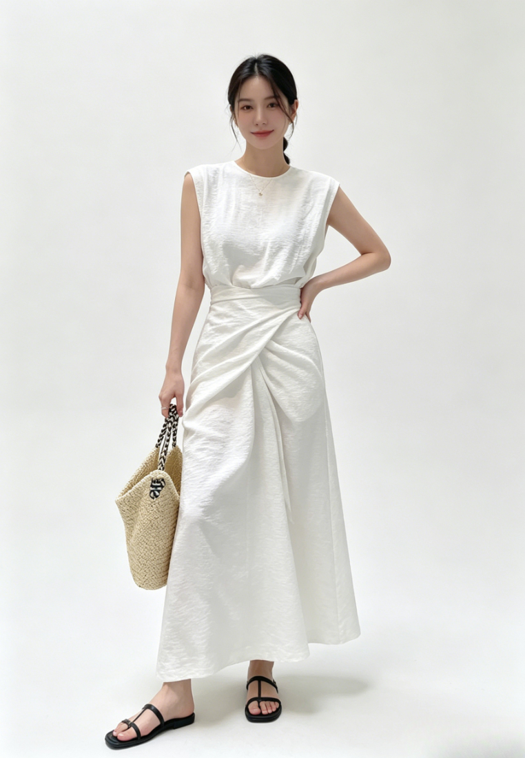 Chic Style White Linen Sleeveless Wrap Waist Maxi Dress K26042902