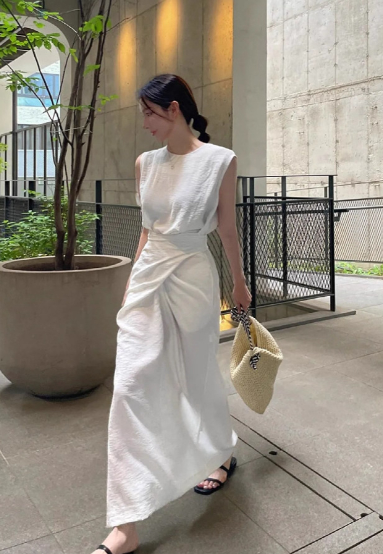 Chic Style White Linen Sleeveless Wrap Waist Maxi Dress K26042902