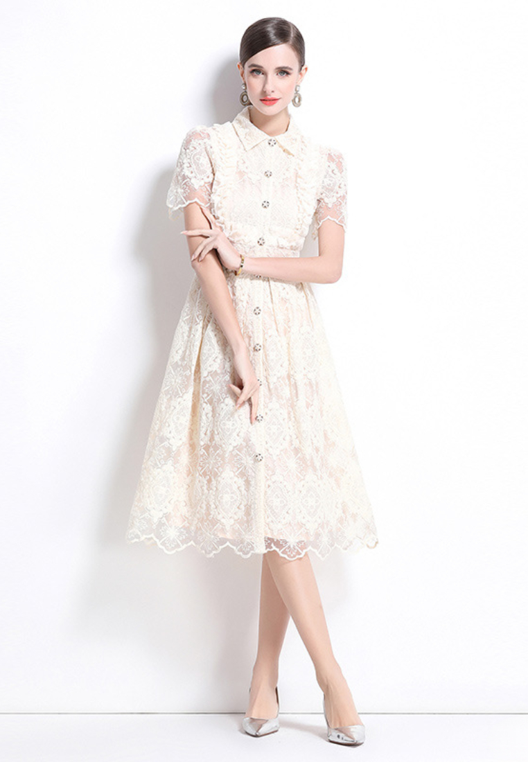 Elegant Ivory Lace Midi Shirt Dress with Peter Pan Collar and Pearl Buttons K26061503