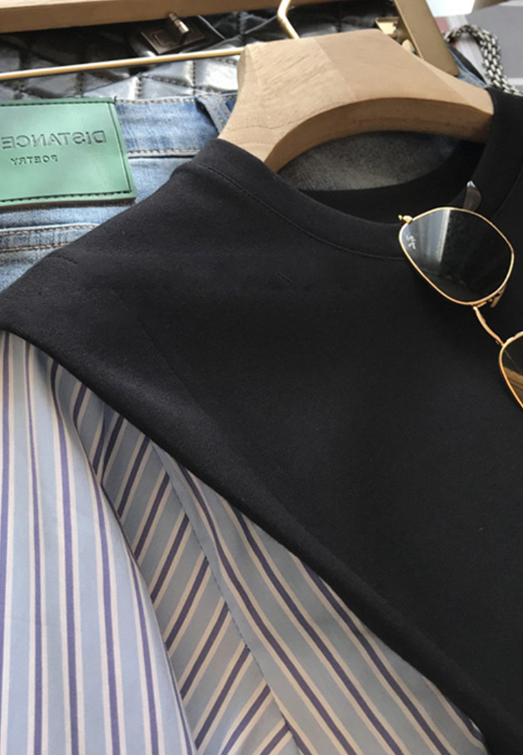 Patchwork striped crewneck loose casual shirt CA110220