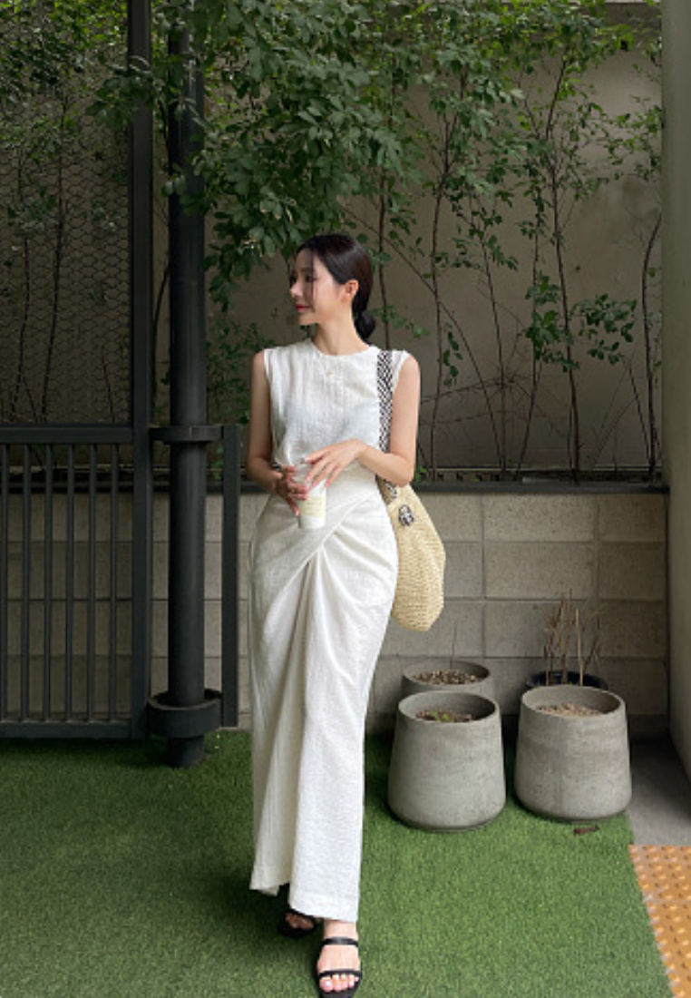 Chic Style White Linen Sleeveless Wrap Waist Maxi Dress K26042902