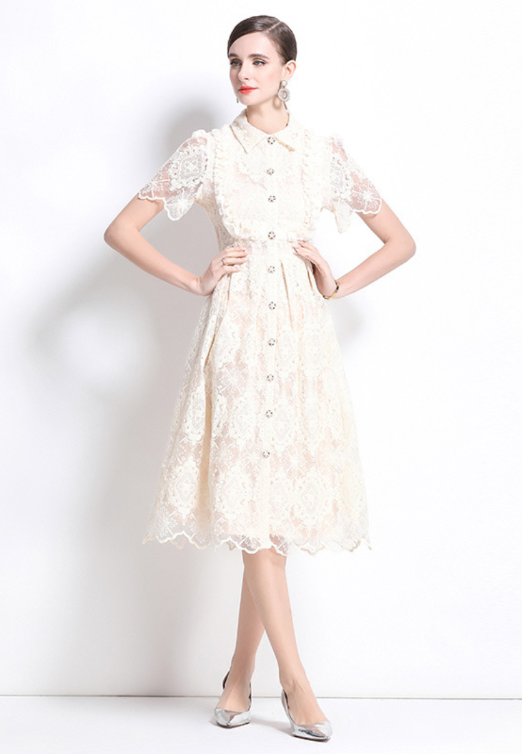 Elegant Ivory Lace Midi Shirt Dress with Peter Pan Collar and Pearl Buttons K26061503