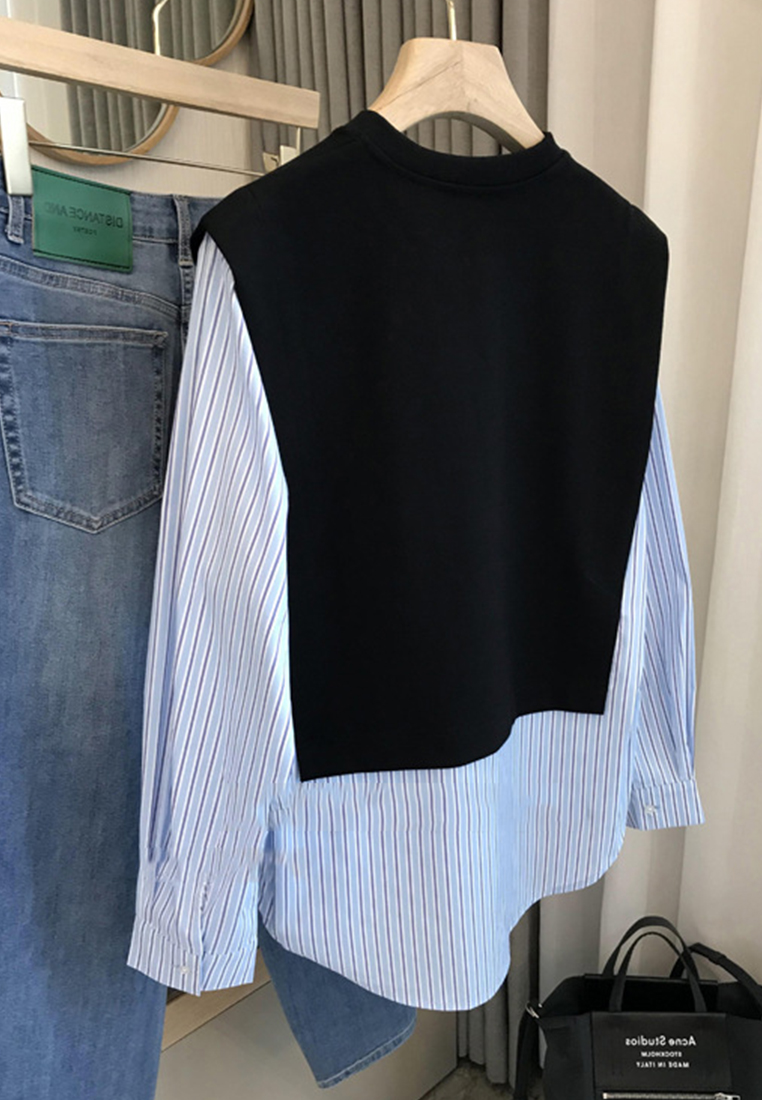 Patchwork striped crewneck loose casual shirt CA110220