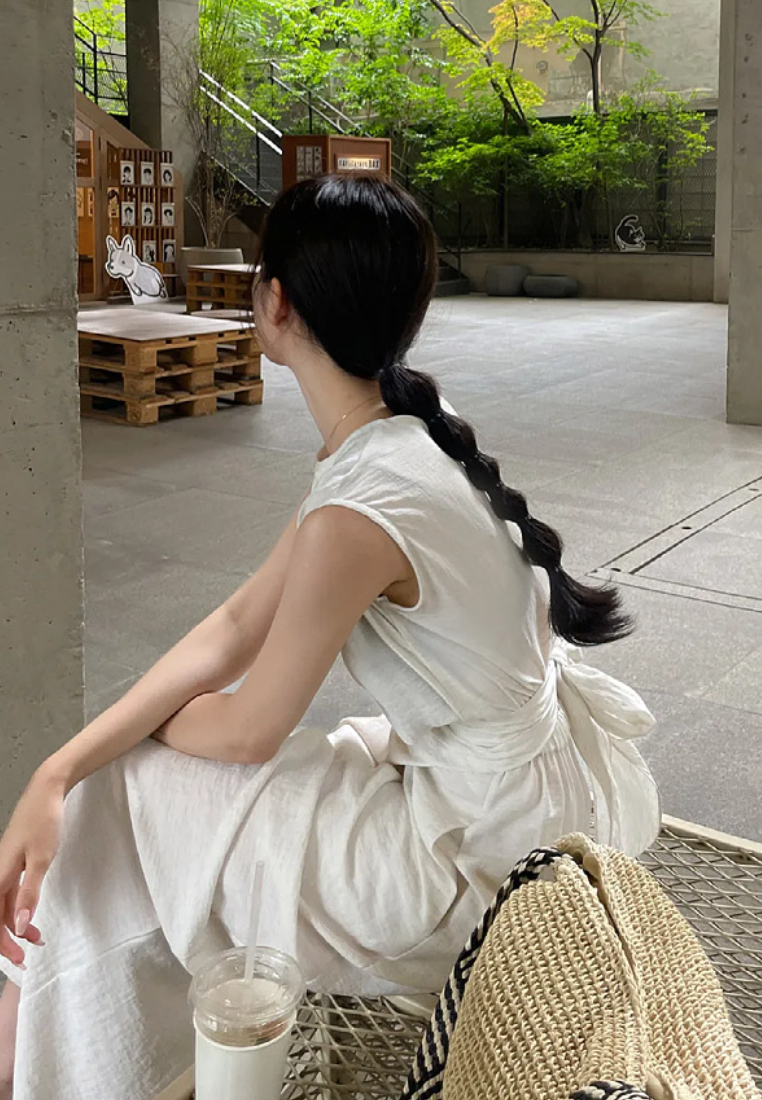 Chic Style White Linen Sleeveless Wrap Waist Maxi Dress K26042902