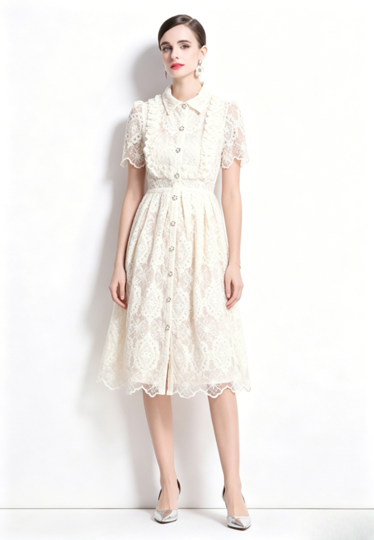 Elegant Ivory Lace Midi Shirt Dress with Peter Pan Collar and Pearl Buttons K26061503