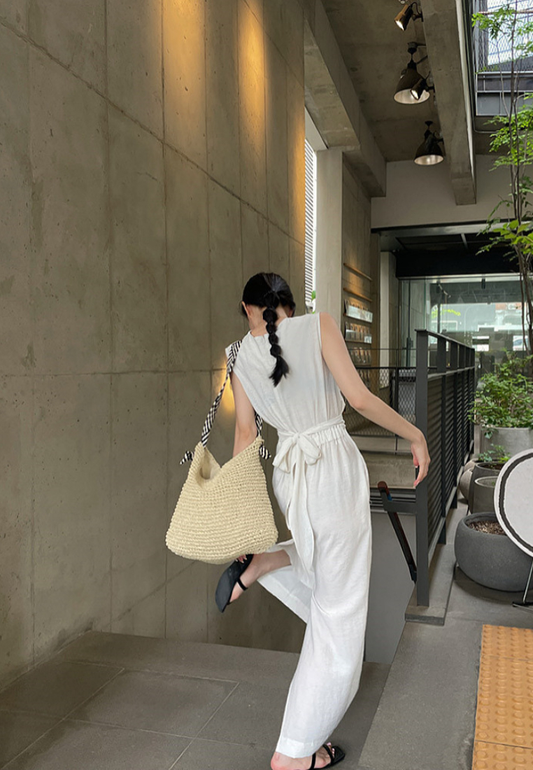 Chic Style White Linen Sleeveless Wrap Waist Maxi Dress K26042902