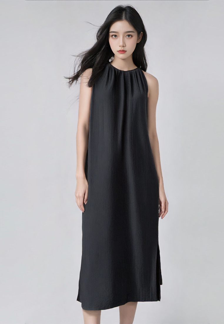 2025 minimalist lace up waist cinching slit dress CA25032720BL