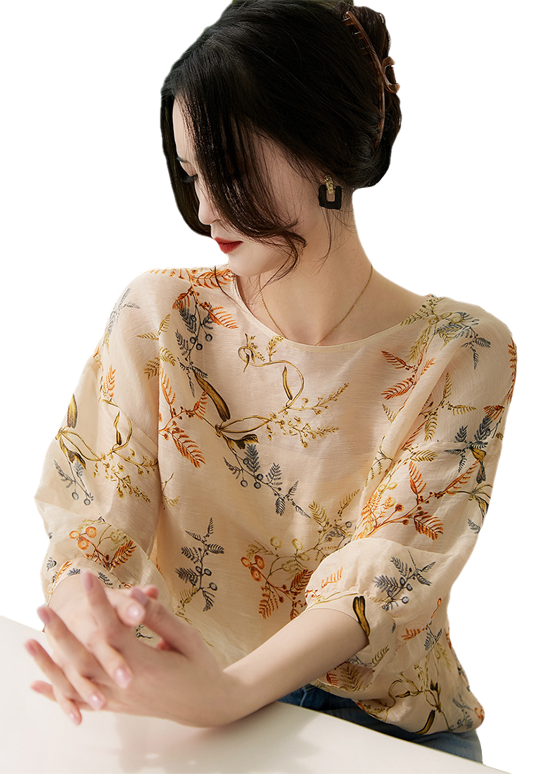 Exquisite Printed Linen Silk Bubble Sleeve Top CA090820