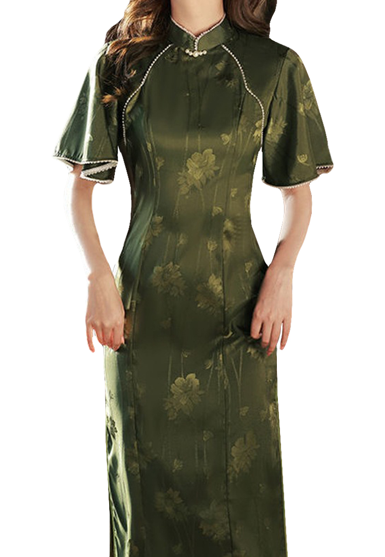 Flying sleeve summer retro Chinese style green dress CA122720