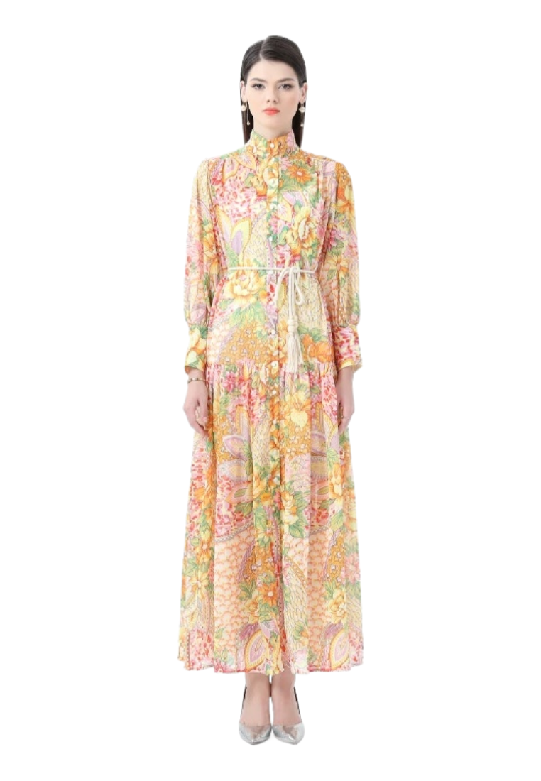 2025 Retro Stand up Collar Wave Edge Printed Dress CA25031220YE