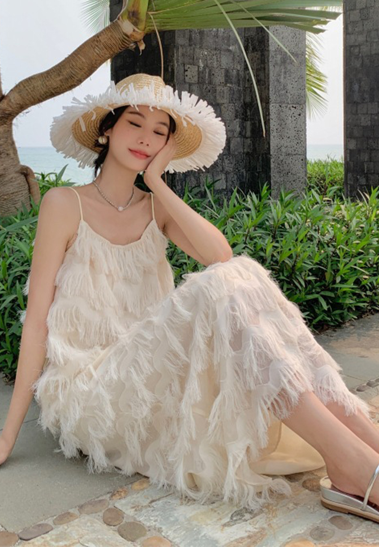 Bohemian suspender fringed French maxi skirt CA24030720