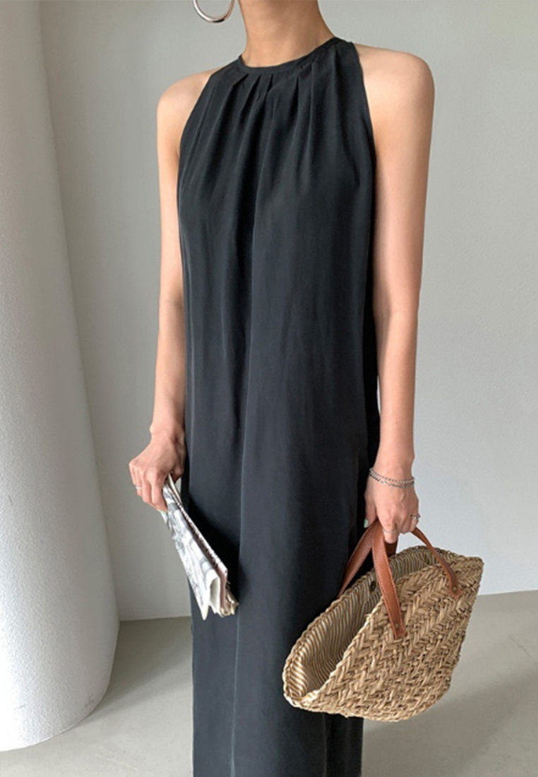 2025 minimalist lace up waist cinching slit dress CA25032720BL