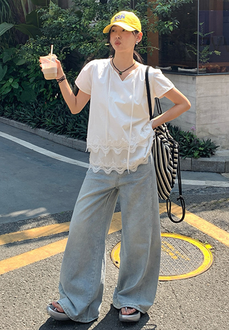 Summer Fresh Lace Splicing Loose Top CA25042920W