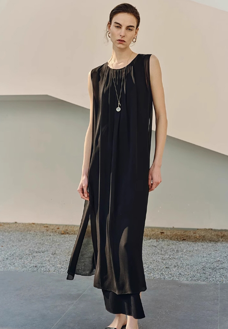 Satin pearl sleeveless long dress CA25061720BK