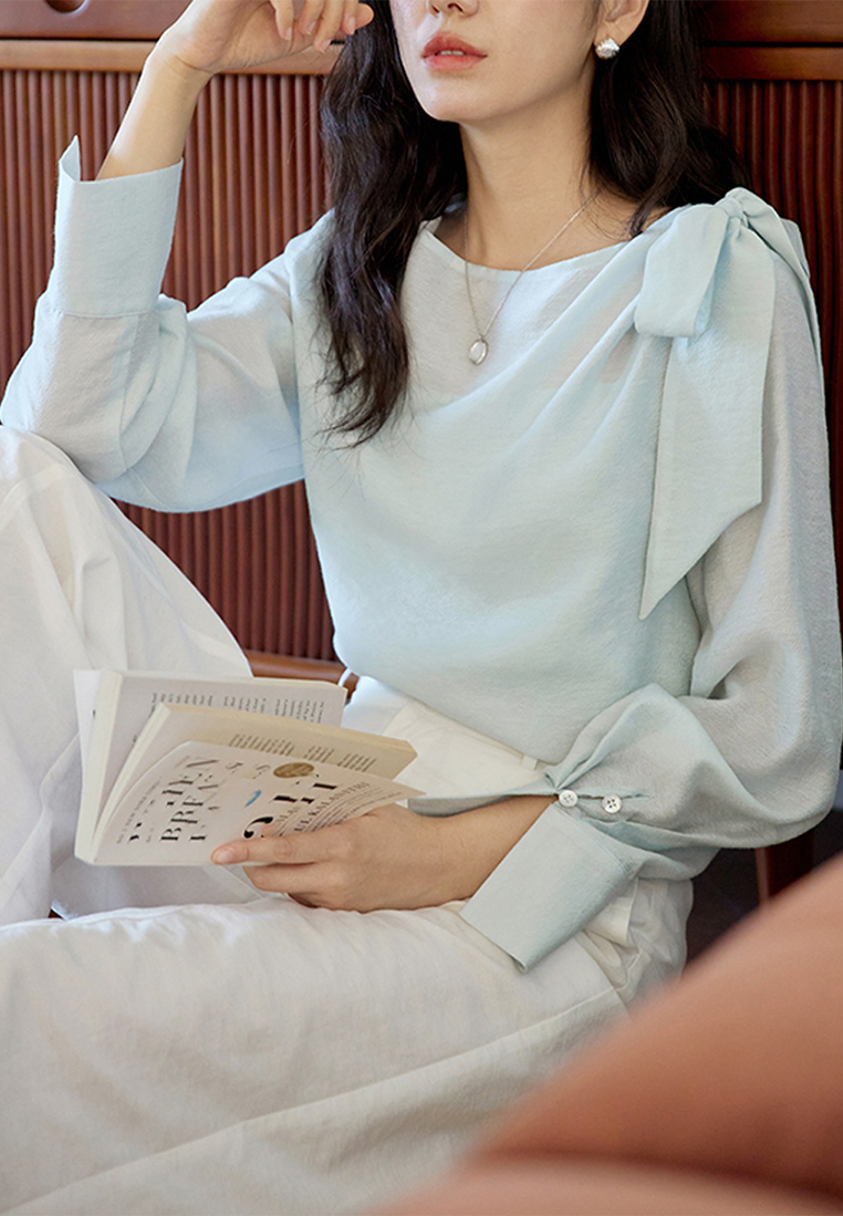 Autumn French Retro One-Shoulder Tie-Sleeve Blouse CA25091520BL