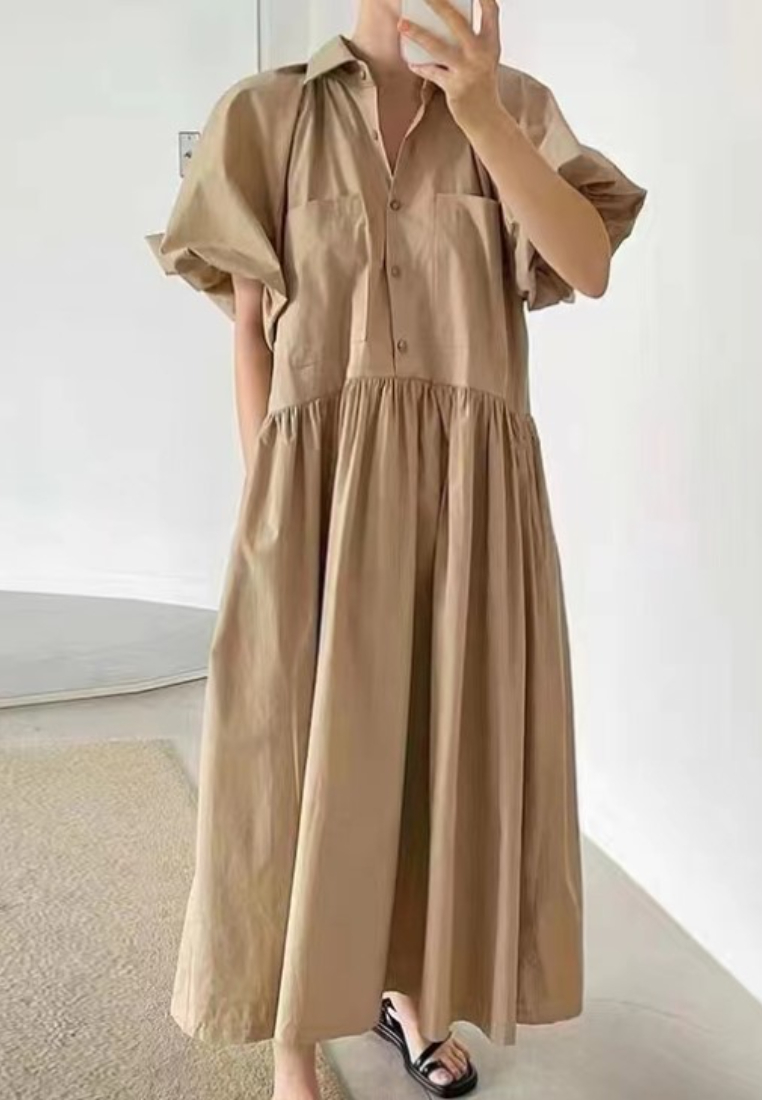 Simple and stylish fitted dress with lantern sleeves CA25091920W