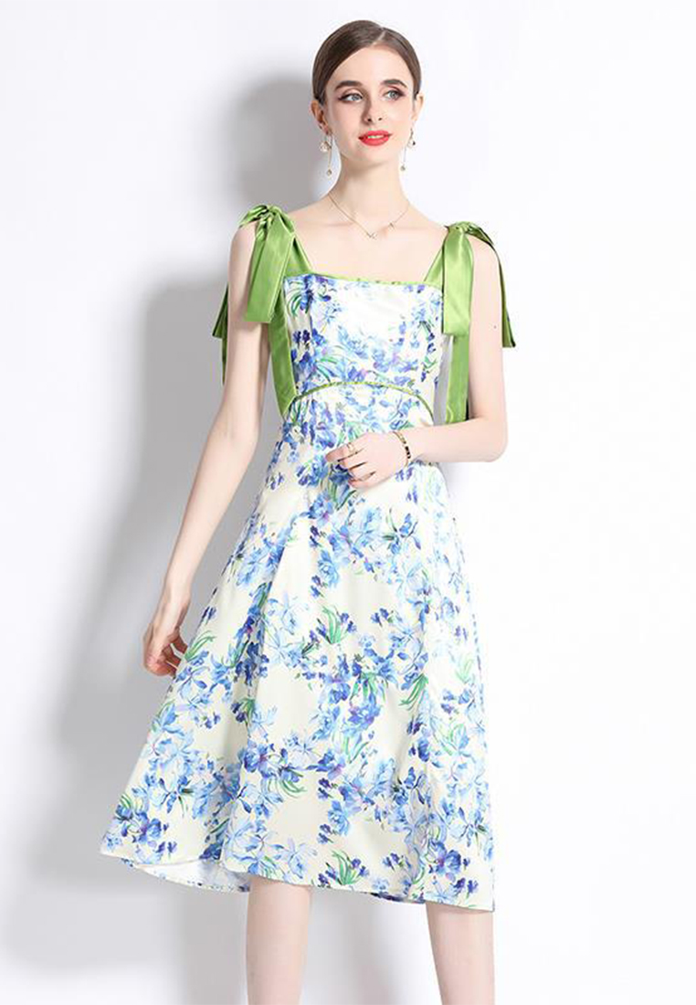 French elegant retro printed suspender dress A110620