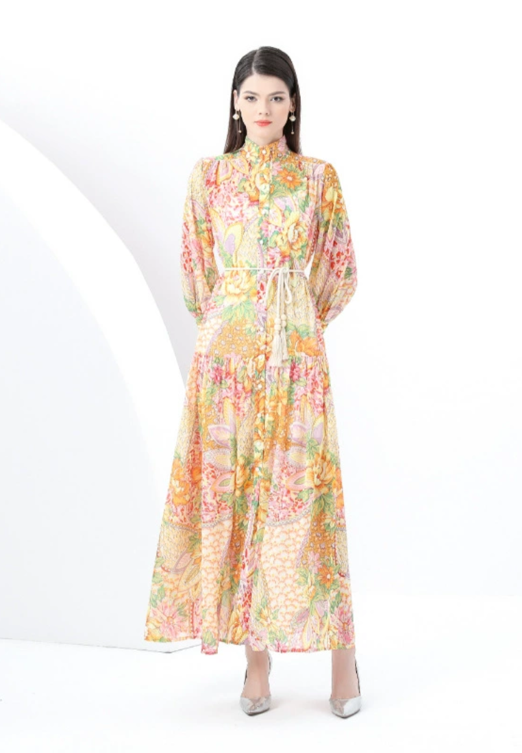 2025 Retro Stand up Collar Wave Edge Printed Dress CA25031220YE