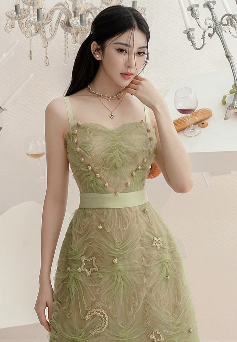 2024 Summer New Green Mesh Star Moon Sling Waist Wrap Dress CA4021920GR