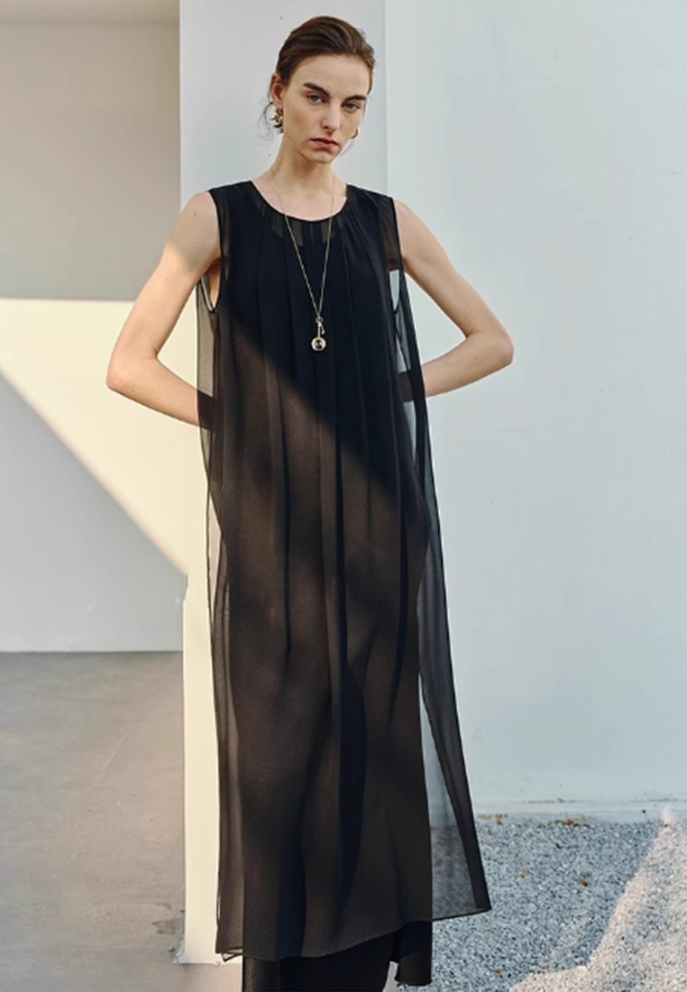 Satin pearl sleeveless long dress CA25061720BK