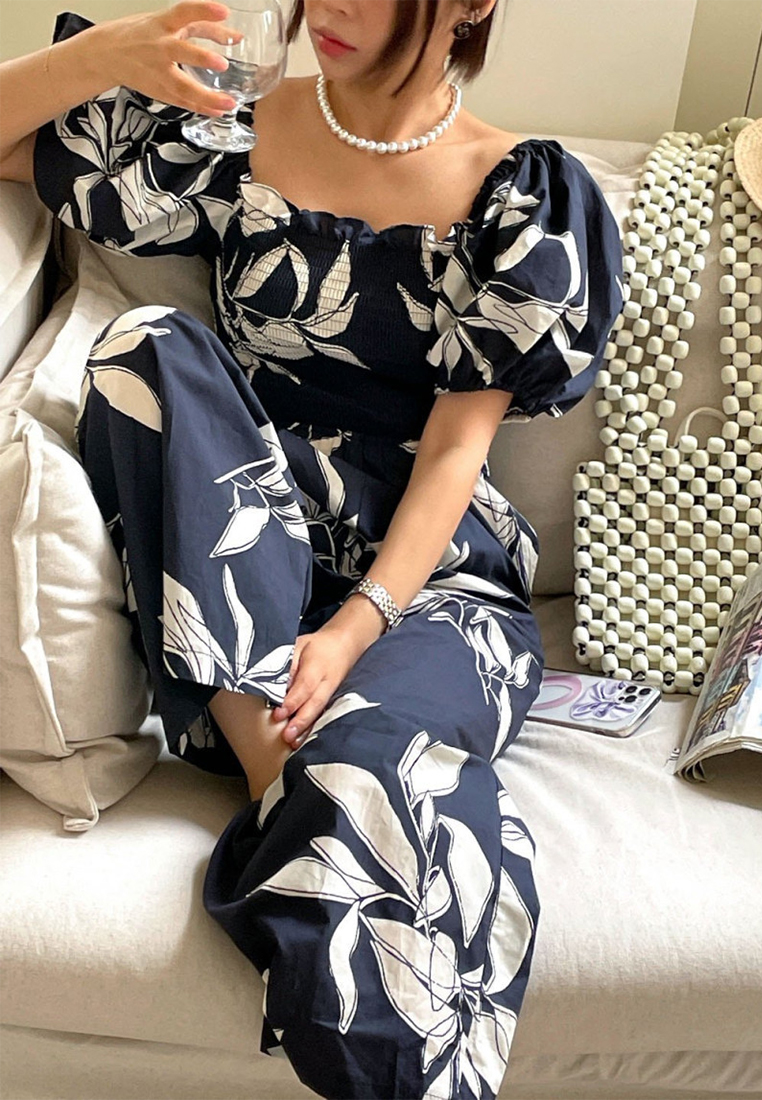 Versatile printed puff-sleeve jumpsuit CA25070920W