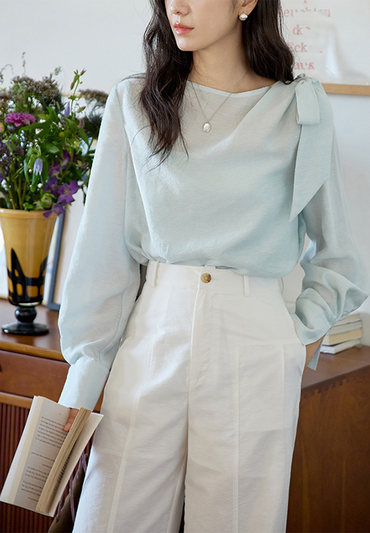 Autumn French Retro One-Shoulder Tie-Sleeve Blouse CA25091520BL