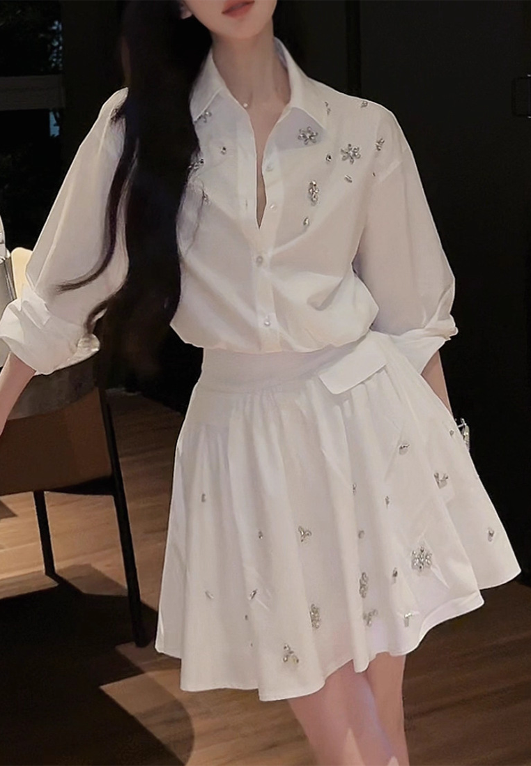 New Early Fall White Collar Handmade Diamond Embellished Miniskirt CA25092520W