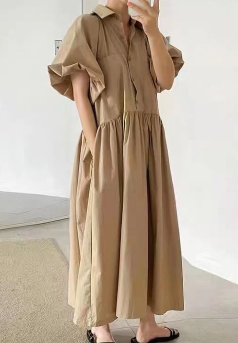 Simple and stylish fitted dress with lantern sleeves CA25091920W