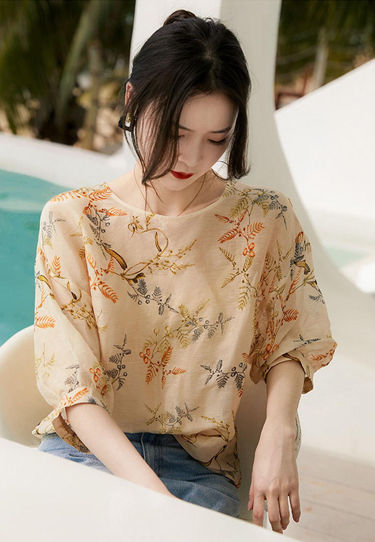 Exquisite Printed Linen Silk Bubble Sleeve Top CA090820