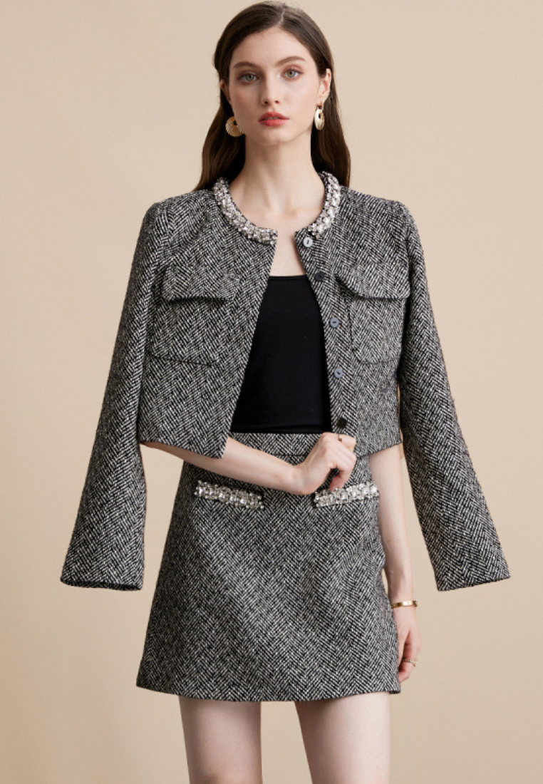 French-style elegant coat and high-waisted skirt set CA25110320BK